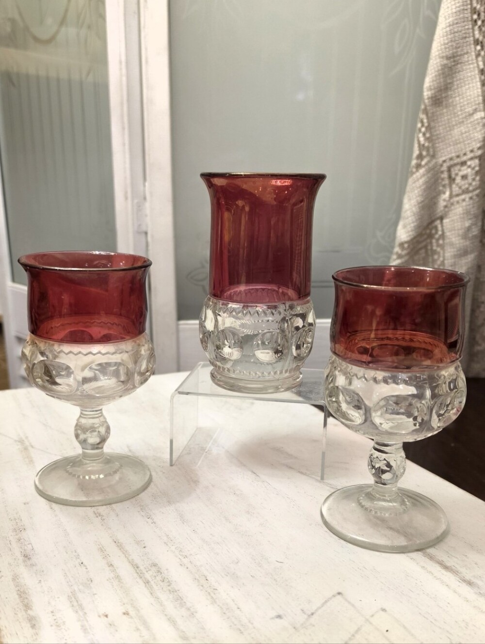 Vtg Indiana Glass Kings Crown Ruby Red Flash Thumbprint Goblets & Tumbler Lot